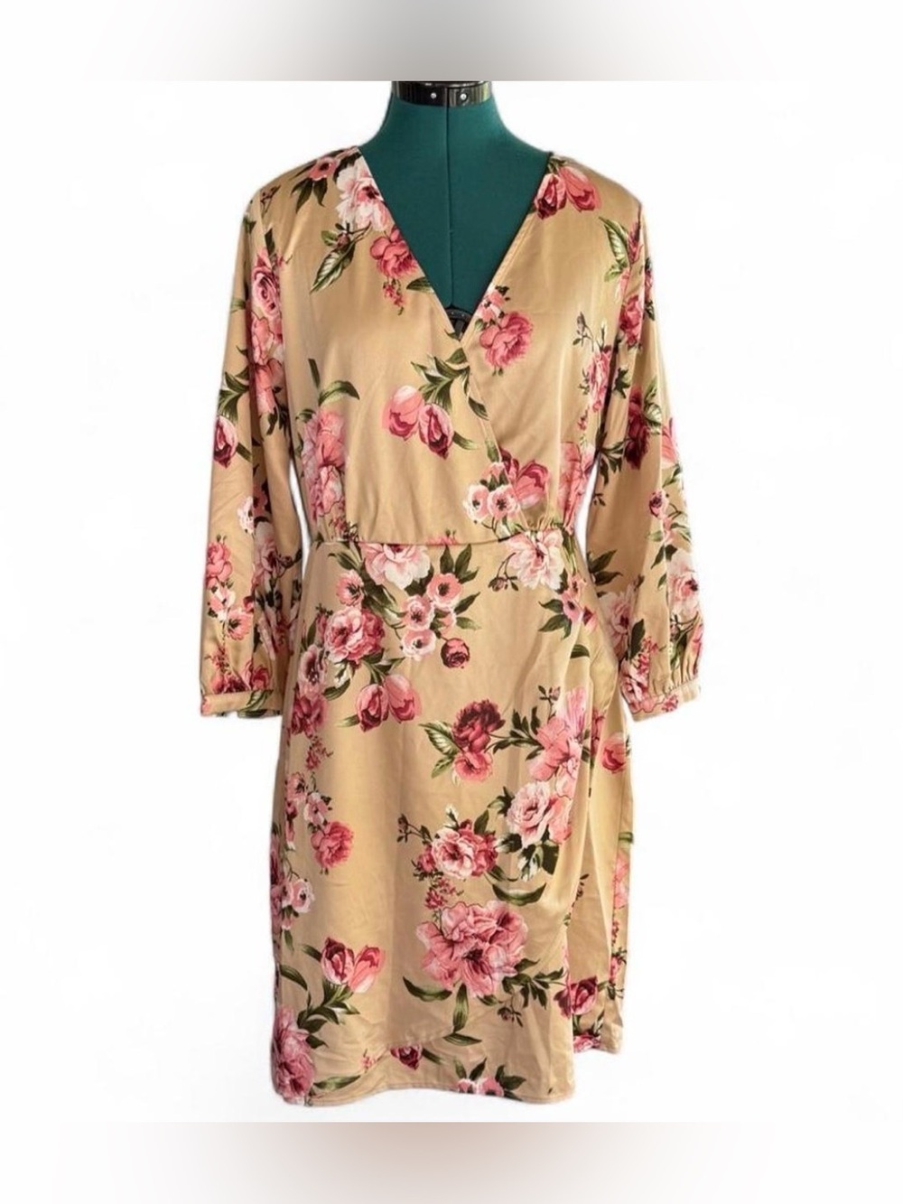 Stella&Julie Beige Floral Wrap-Style Long Sleeve Dress with Pink Blooms